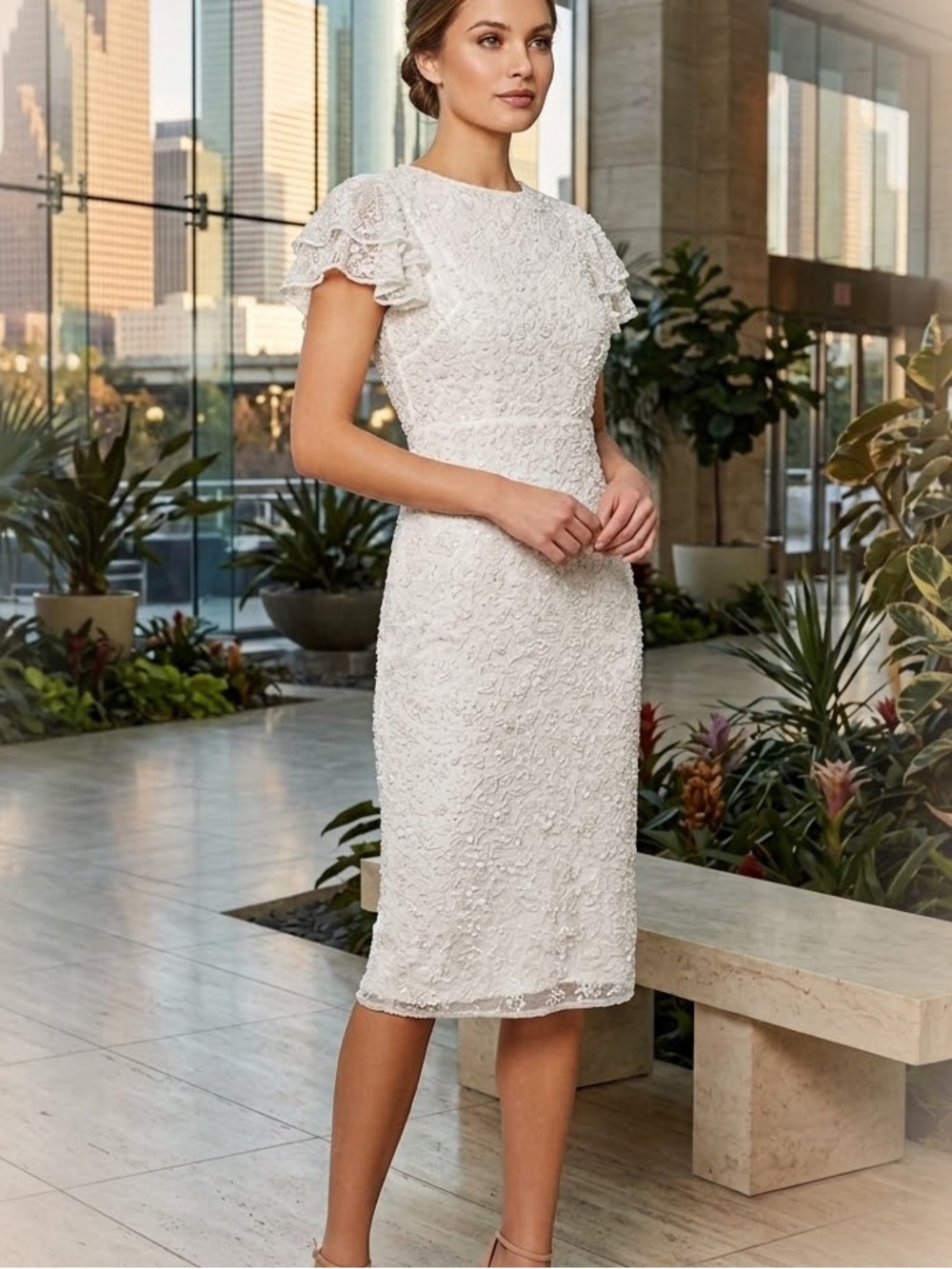 MAC DUGGAL 10771 $498 Hand Beaded Flounce Sleeve Midi Dress